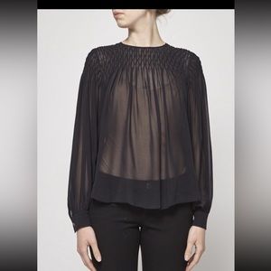 L’Agence sheer silk blouse with pattern ruching along collar and shoulders